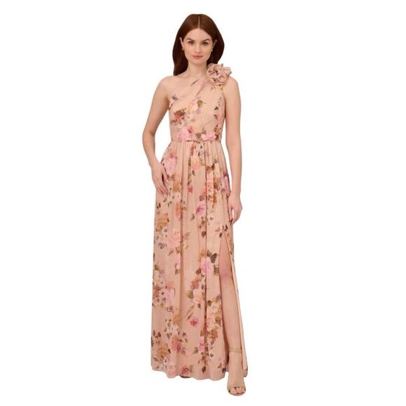 NWT Adrianna Papell Champagne Multi Nude Floral One Shoulder Gown Bridesmaid - Picture 2 of 10